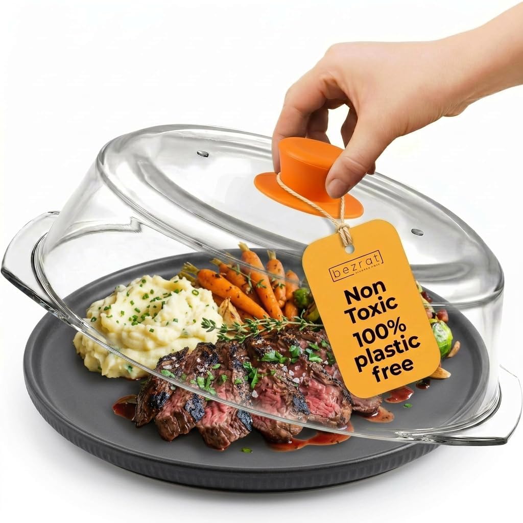 Bezrat Microwave Tall Glass Plate Cover | Splatter Guard Lid with Easy Grip Silicone Handle Knob | 100% Food Grade | BPA Free and Dishwasher Safe | 10 Inch (Black-)