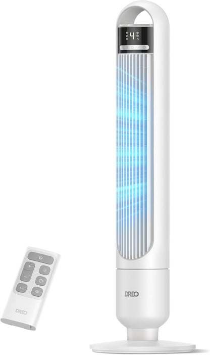 DREO Tower Fan for Bedroom, 26ft/s Velocity, 90° Oscillating, 8H Timer | 4 Speeds, 3 Modes, 28dB Quiet Standing Fan, Floor Fan for Room, Living Room, Office, Home, Cooling Fan with Remote, Black