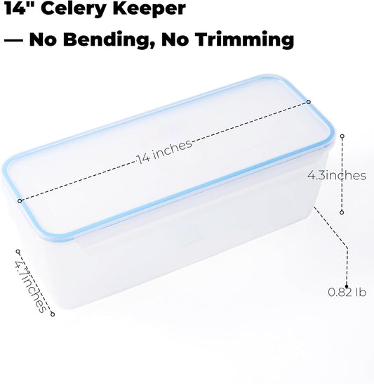 Celery Keeper for Refrigerator, 14 in 3.5 L Produce Container | Airtight Snap-Lock Lid, Draining Tray, Long Storage Bin, For Celery, Carrots, Greens And Refrigerator Produce