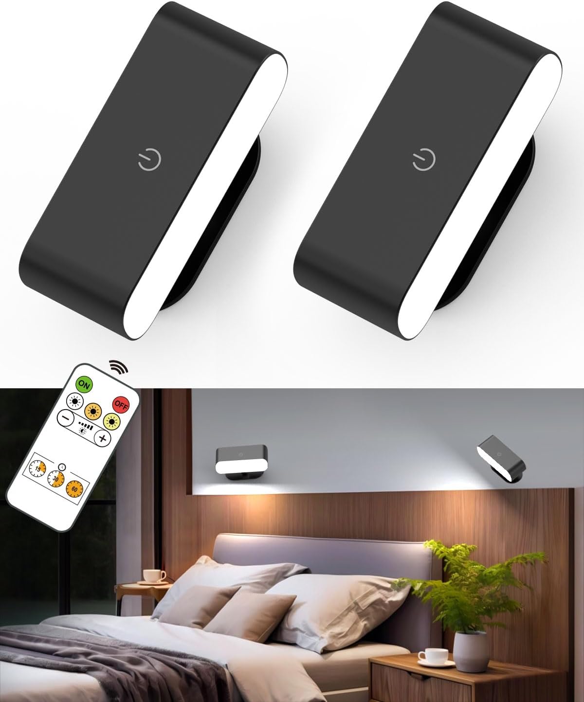 Battery Operated Wall Sconce Set of 2, Rechargeable LED Wall Mounted Light with Remote Control, Stick On Magnetic Wall Lights for Bedroom, 3 Modes Dimmable Bedside Reading Wall Lamps for Bedroom | Rechargeable Wall Lights, 3 Lighting Modes, Easy Stick-on