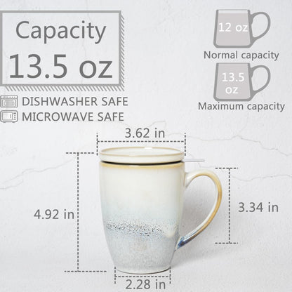 Bosmarlin Ceramic Tea Cup with Infuser and Lid, 13.5 Oz, Loose Leaf Tea Steeper Mug with Strainer, Microwave and Dishwasher Safe, Reactive Glaze (13.5 Oz, Pale Green)