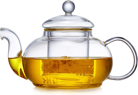 DOPUDO Glass Teapot with Removable Clear Infuser, 27 oz/ 800 ml Stove Top & Microwave Safe Borosilicate Glass Kettle with Loose Leaf Tea Strainer For Flower Blooming Tea