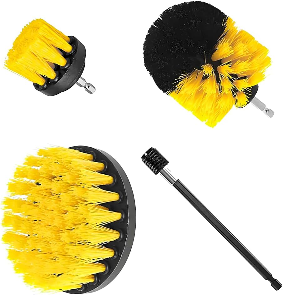 4PCS Drill Brush Attachment Kit with Extension Rod, Red | PP bristles with steel shafts, three brush sizes, quick-change extension rod, follows curved surfaces, compact storage