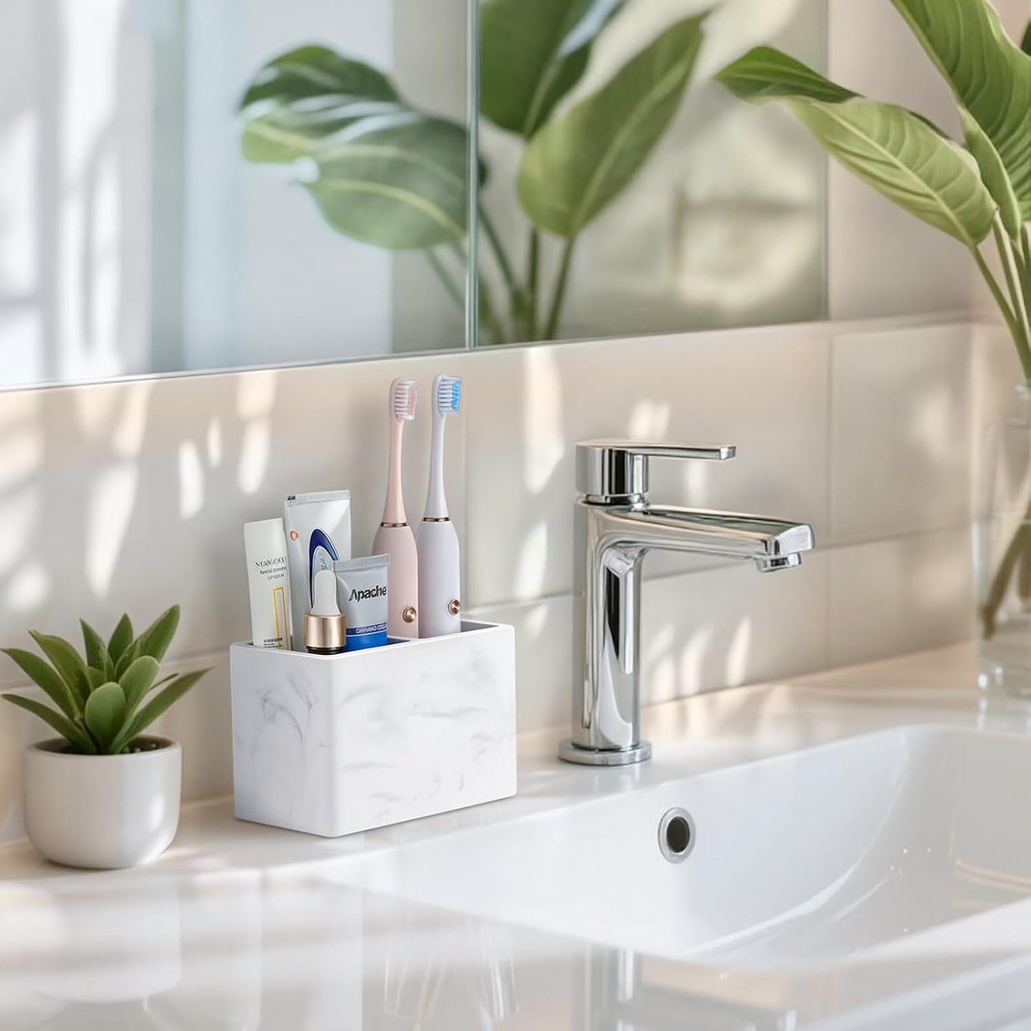 Luxspire Diatomite Toothbrush Holder, 2 Slots, Marble White | Fast Drying, Diatomaceous Earth, Electric Tooth Brush and Toothpaste Organizer, For Bathroom Kitchen Vanity Countertop