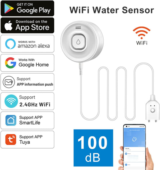 Smart Water Leak Detector: WiFi Water Sensor with APP Push Notifications and Sound Alarm, Water Leakage and Low Water Level Monitoring, Compatible with Alexa, Google Home, Suit for Basement, Kitchen