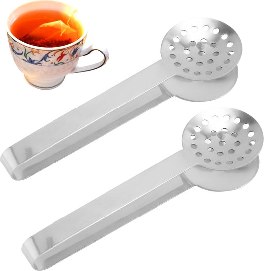 2pcs Stainless Steel Tea Bag Squeezer Tongs, Premium Metal Teabag Strainers Multi-Use Practical Spoon Clip Filters Accessories Supplies for Drinkers Lovers Gifts (Silver)
