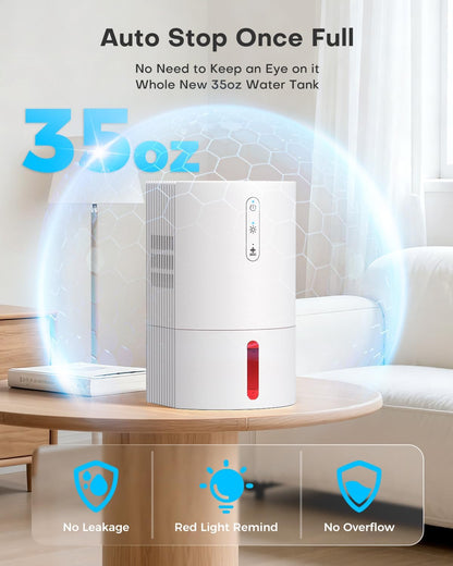 Small Dehumidifier,35OZ,25dB Quiet for Bedroom Bathroom Closet | 350 Sq.Ft, Energy Saving, Auto Defrost, Auto Shut-off, Colorful lights, for Wardrobe Office & RV, White