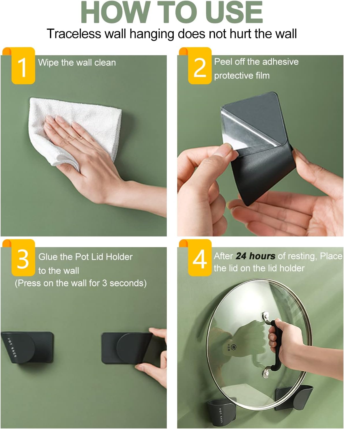 Pot Lid Organizer, 6 Pairs Adjustable Wall Mount & Cabinet Door Holders | Space-Saving Pot & Pan Lid Hangers for Kitchen Wall & Cabinet Storage, Heavy-Duty Self-Adhesive Racks Rack Accessories