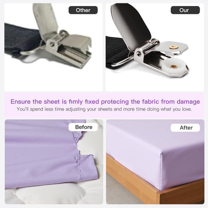 EasYoung 12PCS Bed Sheet Straps, Secure & Adjustable Fitted Sheet Holders for Full, Queen, King & More, Heavy Duty Nylon & Metal Clips