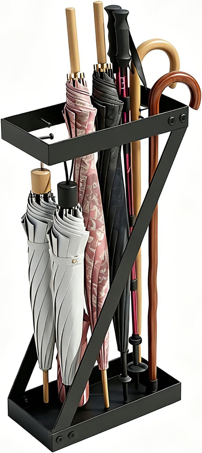 Umbrella Holder for Entryway, Black Umbrella Stand Indoor Stores Umbrellas Canes Equipped with Hooks Ideal for Home, Office , Hotel Lobby of Umbrella Storage Rack