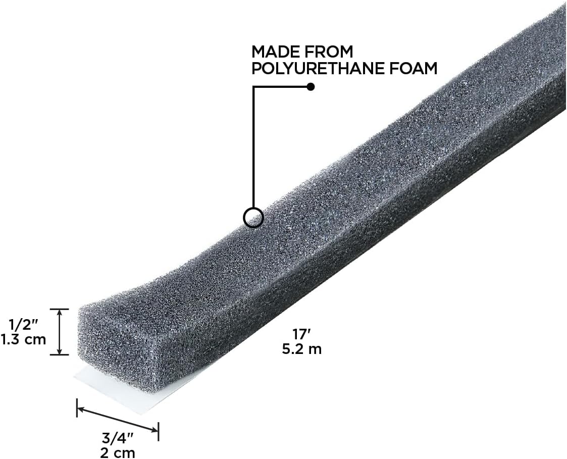MD Building Foam Window Seal for Ex-Large Gaps, Gray, 17ft | Open-Cell Polyurethane Foam, Self-Adhesive Backing, Cut-to-Length Scissors, Seals Drafts Moisture Dust Insects