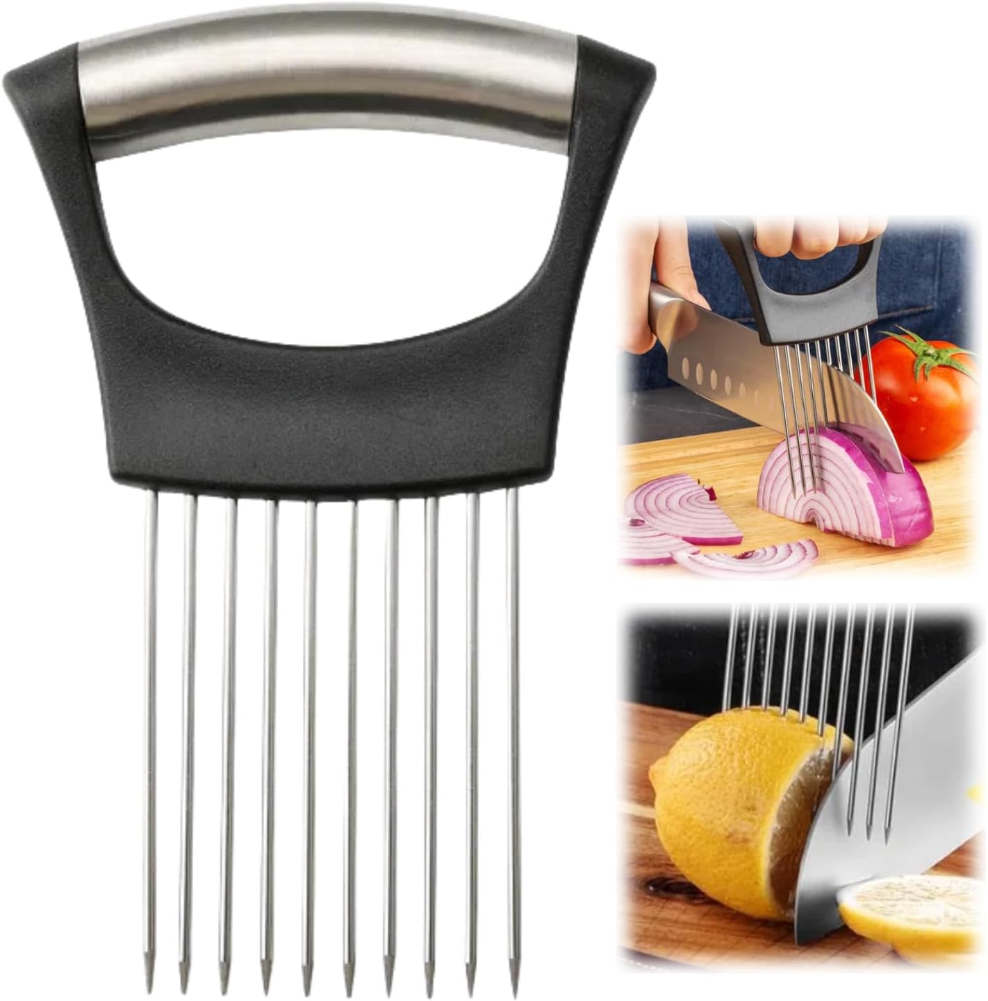 Onion Slice Holder, 2024 New Stainless Steel Holder for Slicing, Chopper Assistant Tool, Cutter for Meat, Onion, Potato, Tomato Kitchen Gadgets (Black, 2 Pack)
