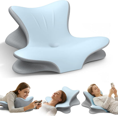 Cervical Neck Pillow for Pain Relief, Ergonomic Reading Pillow for Bed, Orthopedic Wedge Pillow Back Support Pillow, Contour Memory Foam Pillows for Sleeping, Couch Floor Use Lying Reading (Blue)