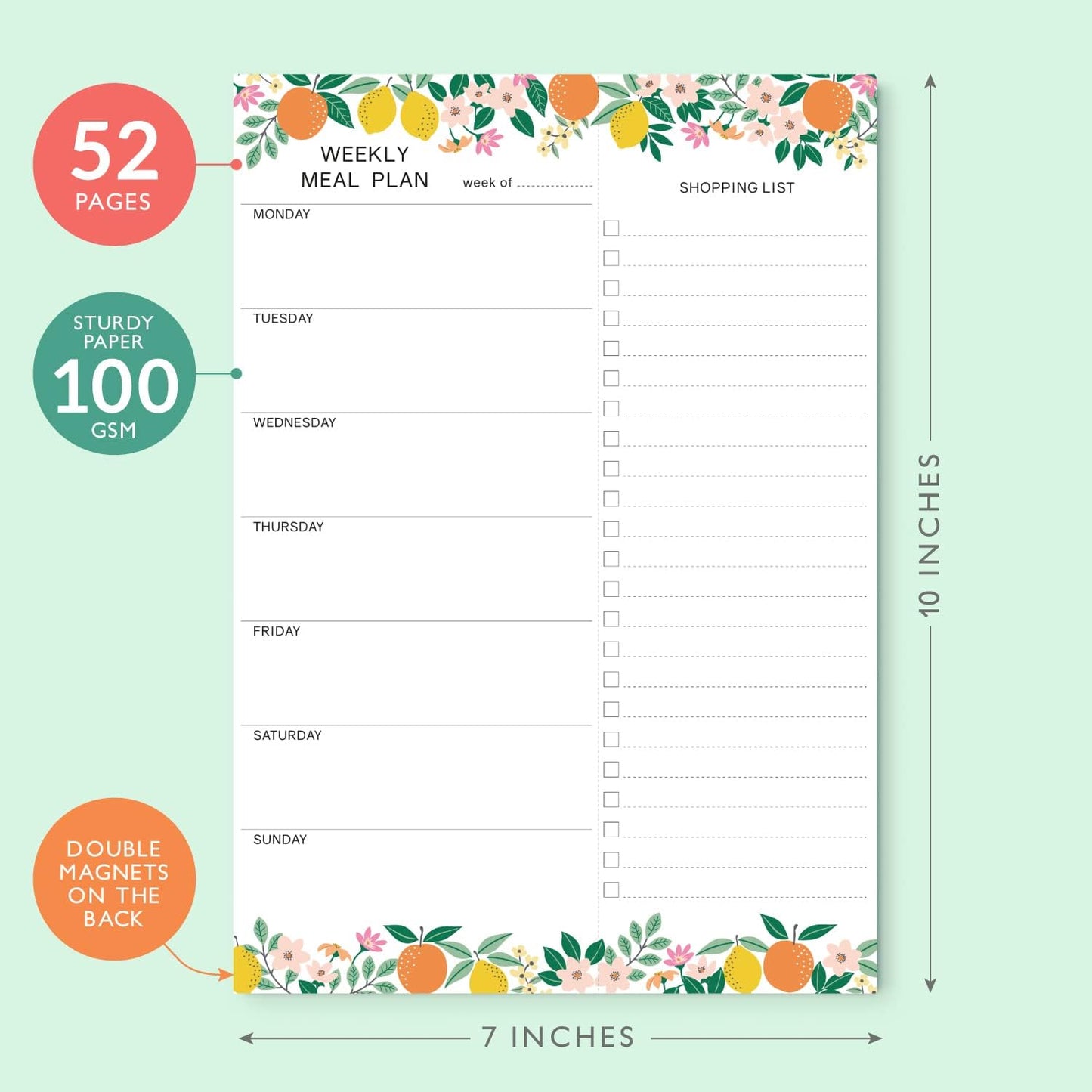 Sweetzer & Orange Fruity Weekly Meal Planner and Grocery List Magnetic Notepad. 7x10” Meal Planning Pad with Tear Off Shopping List. Plan Weekly Menu Food for Weight Loss or Dinner List for Family!