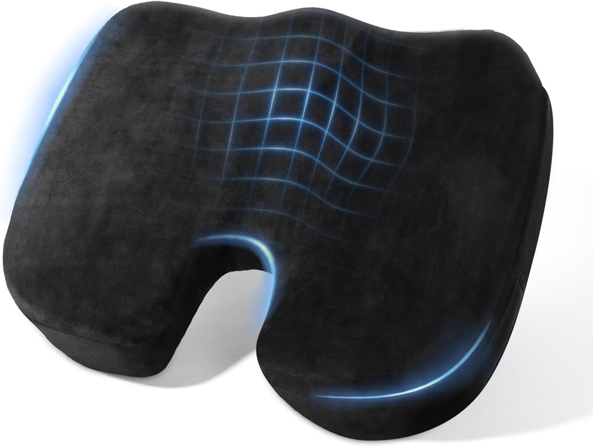 Memory Foam Seat Cushion for Office Chair & Car - Ergonomic Tailbone & Sciatica Pain Relief Pad - Non-Slip Desk Chair Cushion for Long Sitting, Breathable Mesh Pad for Posture Support (Black)