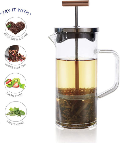 Teabloom Tea Press with Copper Pull Handle and Stainless Steel Filter – Tea Connoisseur's Choice – Pekoe Tea Maker, 34-Ounce