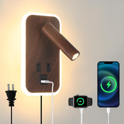 Plug in Wall Sconce with Wall Mounted Reading Lights with Switch | Wall Lamp for Bedroom with Charging Station USB C+A Ports,Bunk Bed Lights with 3W+9W Night Light,Walnut Color Reading Light