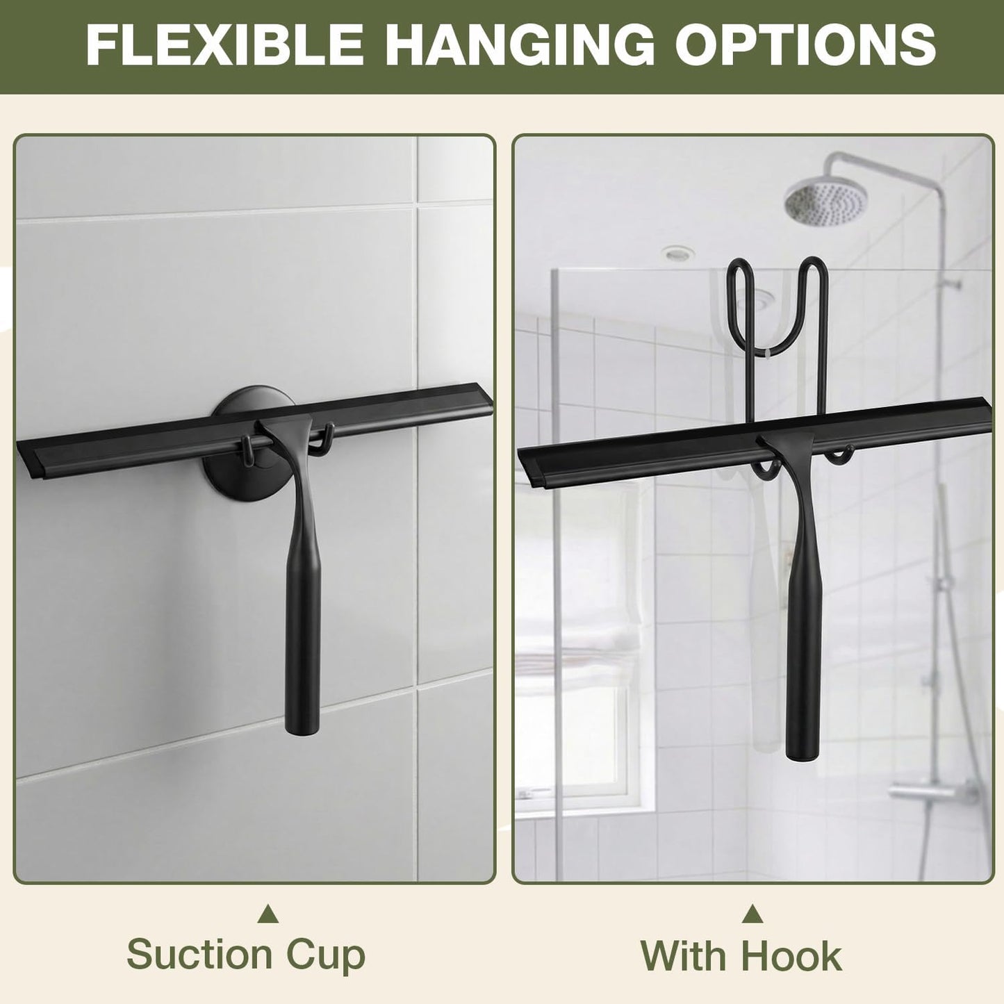 FARMER 10-Inch Shower Squeegee for Glass Doors, Windows and Mirrors, Black | Suction Wall Hook, Over-Door Hook, Non-Scratch Blade with Quiet Glide for Multi-Surface Cleaning on Glass, Tile and Mirrors