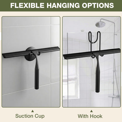 FARMER 10-Inch Shower Squeegee for Glass Doors, Windows and Mirrors, Black | Suction Wall Hook, Over-Door Hook, Non-Scratch Blade with Quiet Glide for Multi-Surface Cleaning on Glass, Tile and Mirrors