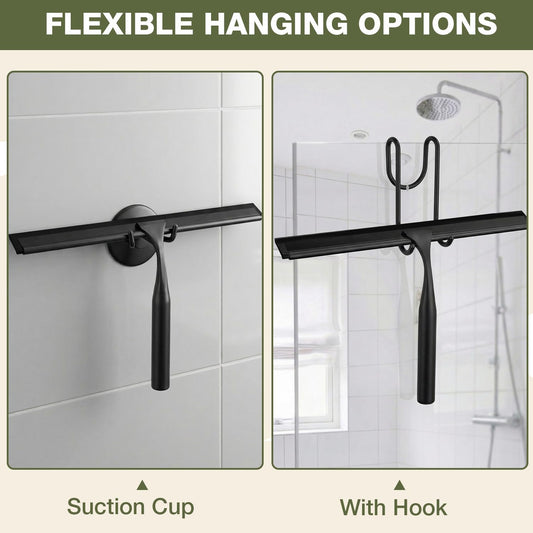 FARMER 10-Inch Shower Squeegee for Glass Doors, Windows and Mirrors, Black | Suction Wall Hook, Over-Door Hook, Non-Scratch Blade with Quiet Glide for Multi-Surface Cleaning on Glass, Tile and Mirrors