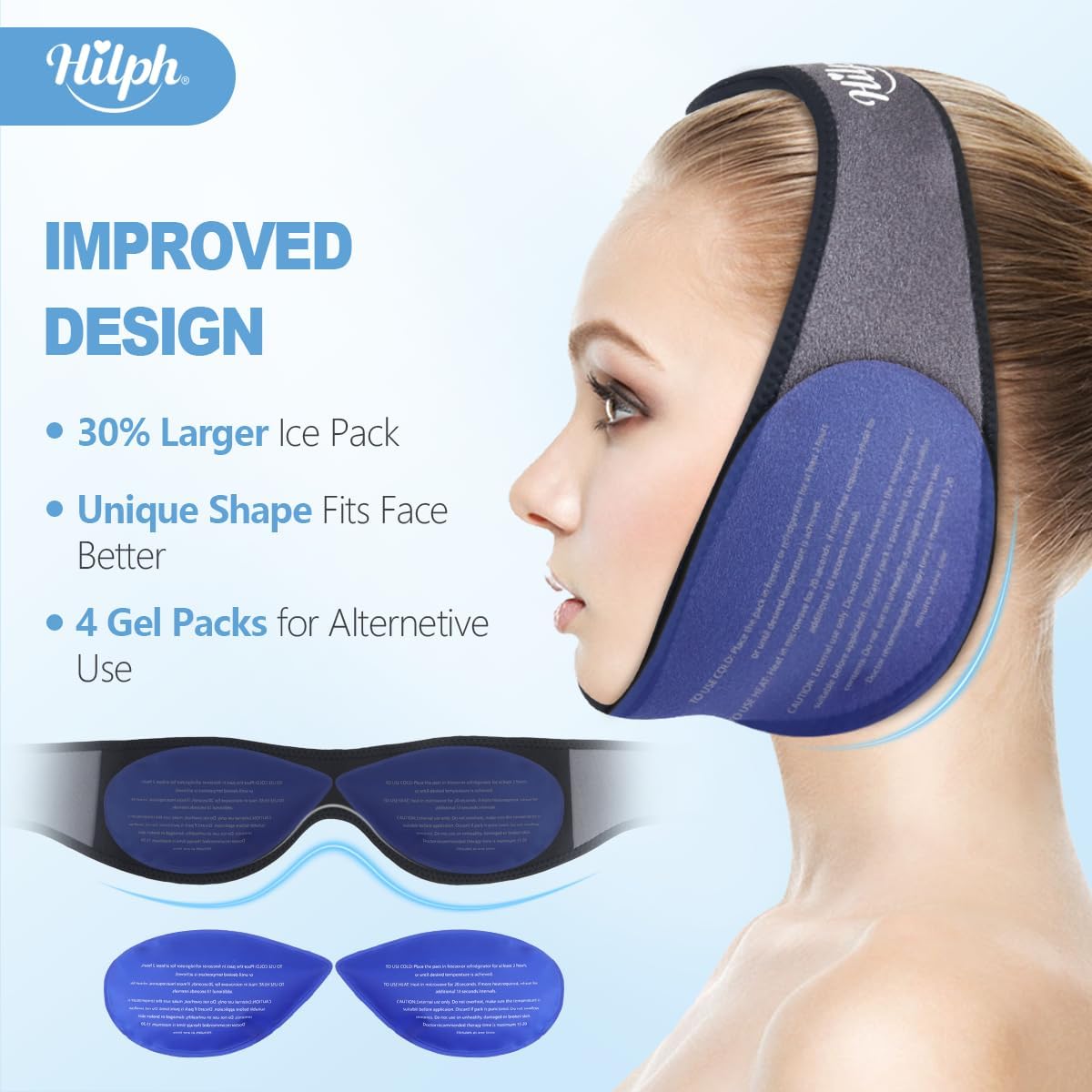 Hilph Wisdom Teeth Ice Pack Head Wrap, Face Ice Pack for Jaw Oral Surgery | Large Jaw Ice Wrap with 4 Hot Cold Gel Packs, Pain Relief for TMJ, Tonsillectomy, Wisdom Teeth Recovery Must Haves, Blue