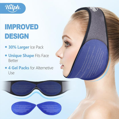 Hilph Wisdom Teeth Ice Pack Head Wrap, Face Ice Pack for Jaw Oral Surgery | Large Jaw Ice Wrap with 4 Hot Cold Gel Packs, Pain Relief for TMJ, Tonsillectomy, Wisdom Teeth Recovery Must Haves, Blue