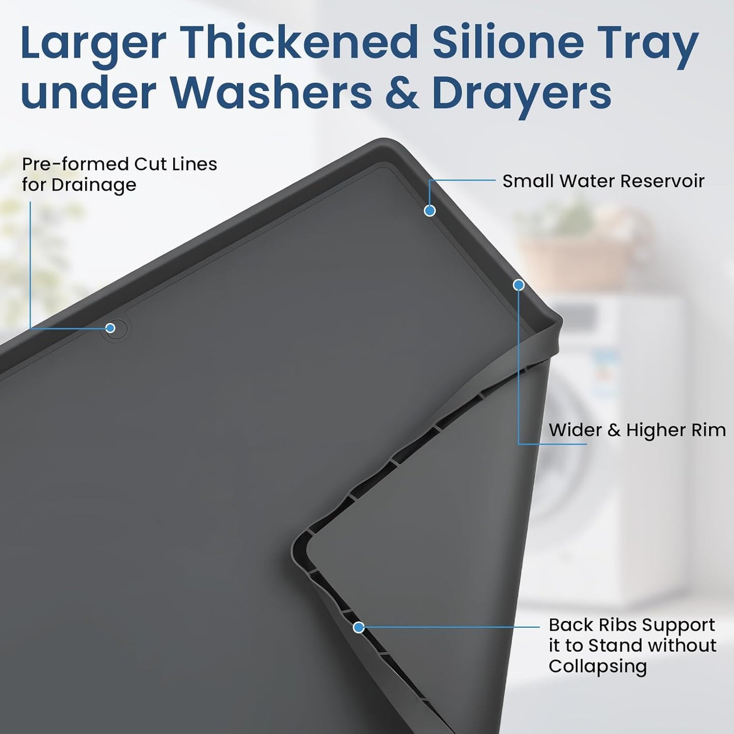 33 X 30 inch Large Thickened Silicone Washing Machine Drain Pan (Grey) | 1-1/5" Raised Edge , Leak Protection Anti-Vibration Non-Slip Washing Machine Tray for Washer Dryer Other Appliances （Black）