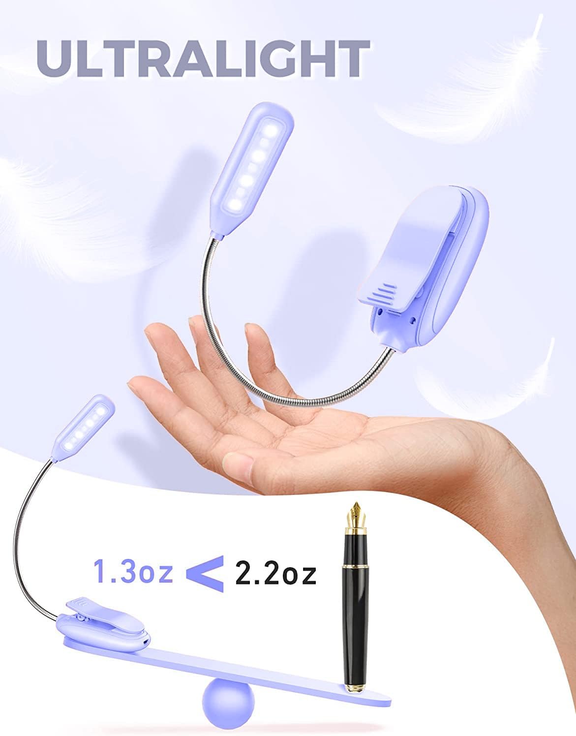 Mini Book Light, Rechargeable Up to 60 Hours, 9-Level Brightness, Easy Clip On Lamp for Night Reading in Bed, Eye Protection Table Light for Bookworms, Kids