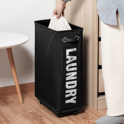 DOKEHOM 25" Slim Rolling Laundry Basket Hamper, Narrow on Wheels, Grey | Collapsible narrow laundry hamper with mesh drawstring closure. Foldable corner clothes storage bin for small spaces