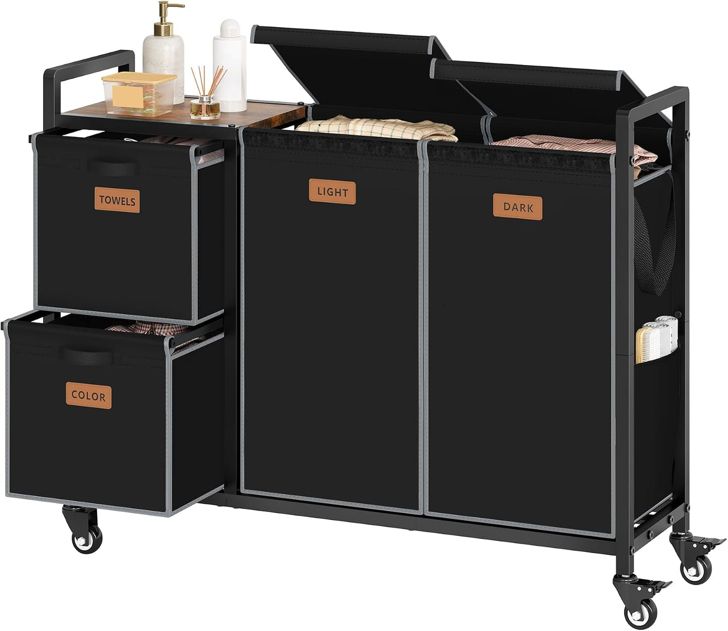 Hoctieon 4 Section Laundry Cart, 52.8 Gal. (200L) Laundry Hamper with Lid, Laundry Basket with Wheels, Rolling Laundry Sorter Organizer with Shelf, Clothes Separator with Removable Bags, Black