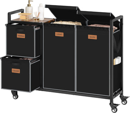 Hoctieon 4 Section Laundry Cart, 52.8 Gal. (200L) Laundry Hamper with Lid, Laundry Basket with Wheels, Rolling Laundry Sorter Organizer with Shelf, Clothes Separator with Removable Bags, Black