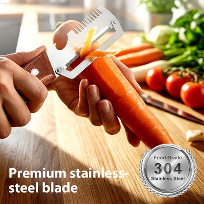 Vegetable Peeler, Multifunctional Peeler with Wooden Handle and Bottle Opener, Stainless Steel Peelers for Kitchen, Multi Functional Vegetable Peeler for Fruit Potato Carrot Pumpkin Zucchini (3-PACK)