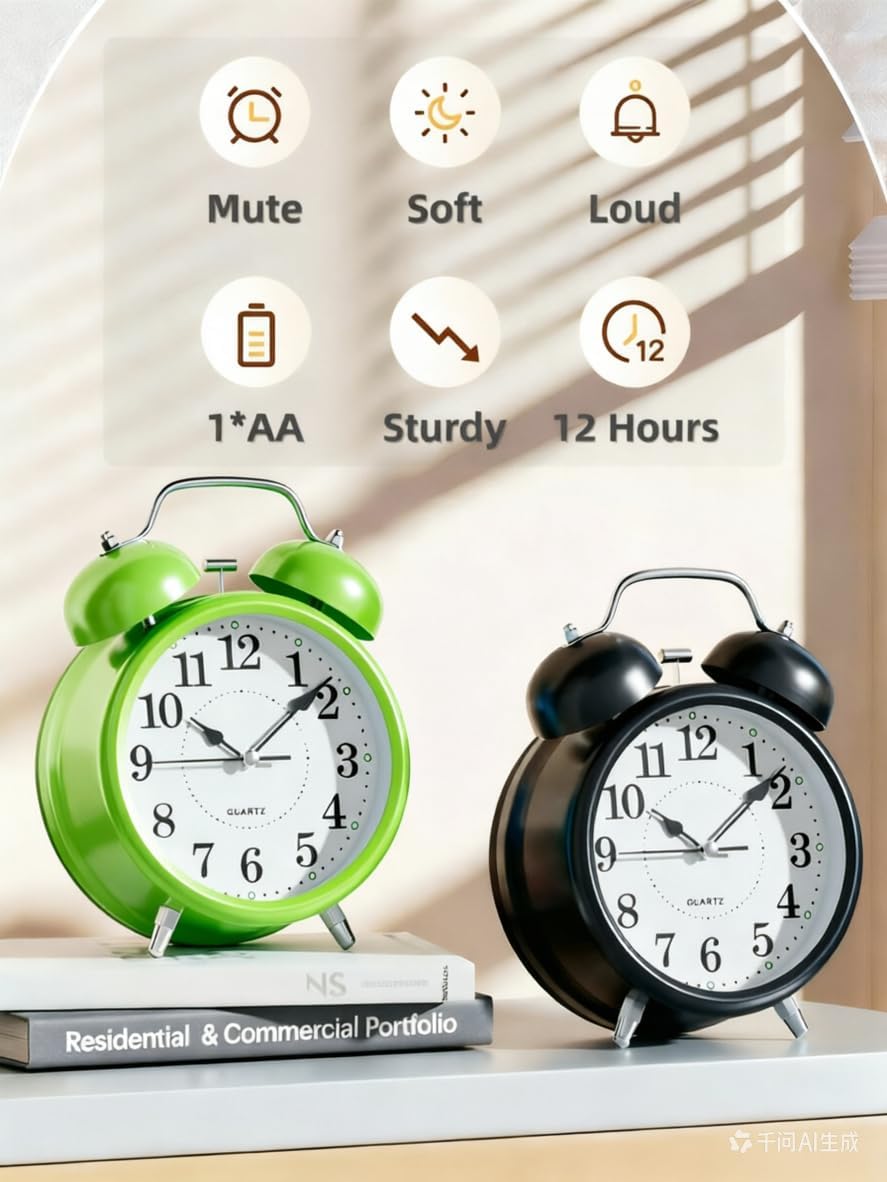 4 Inches Analog Alarm Clocks Retro Backlight Cute Simple Design with Night Light Silent Non-Ticking Battery Operated [Red]