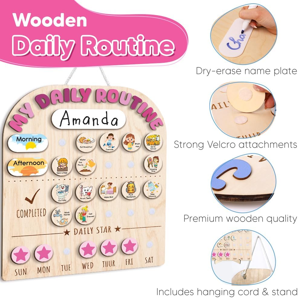 Wooden Daily Routine for Kids, Chore Chart for Toddler, Daily Responsibilities for Kids, Visual Schedule, Morning Bedtime Routine for Girls