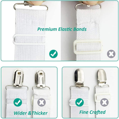 RayTour Bed Sheet Holder Straps 4 Pack - Elastic Sheet Keepers for Fitted Sheets | Four adjustable three-clip holders secure one fitted sheet; wide elastic straps help keep all four mattress corners in place.