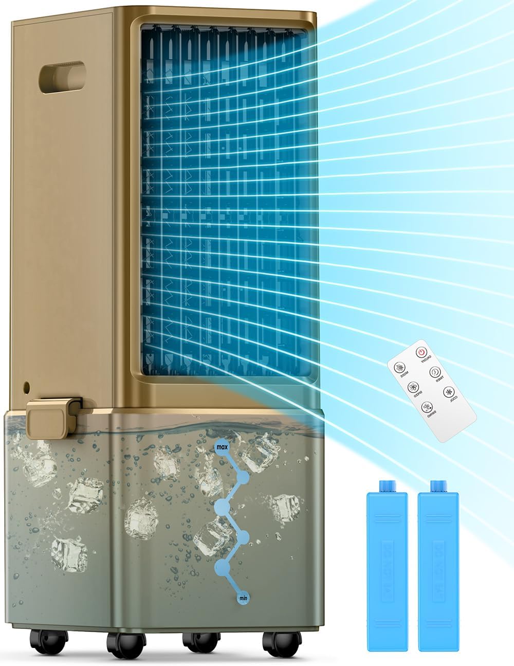 Portable Air Conditioners 4 Modes&3 Speeds,4 Ice Packs, Waterless Alert System, 12H Timer, Remote,1 Gal Detachable Water Tank, 70°Oscillation Windowless Evaporative Air Cooler for Room Office