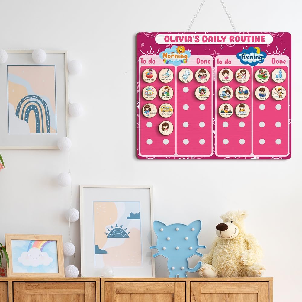 Daily Routine Chart for Kids, Visual Schedule, Routine Chart for Toddlers 3-5, Morning Bedtime Routine Chart for Toddlers, Wooden Chore Chart for Kids