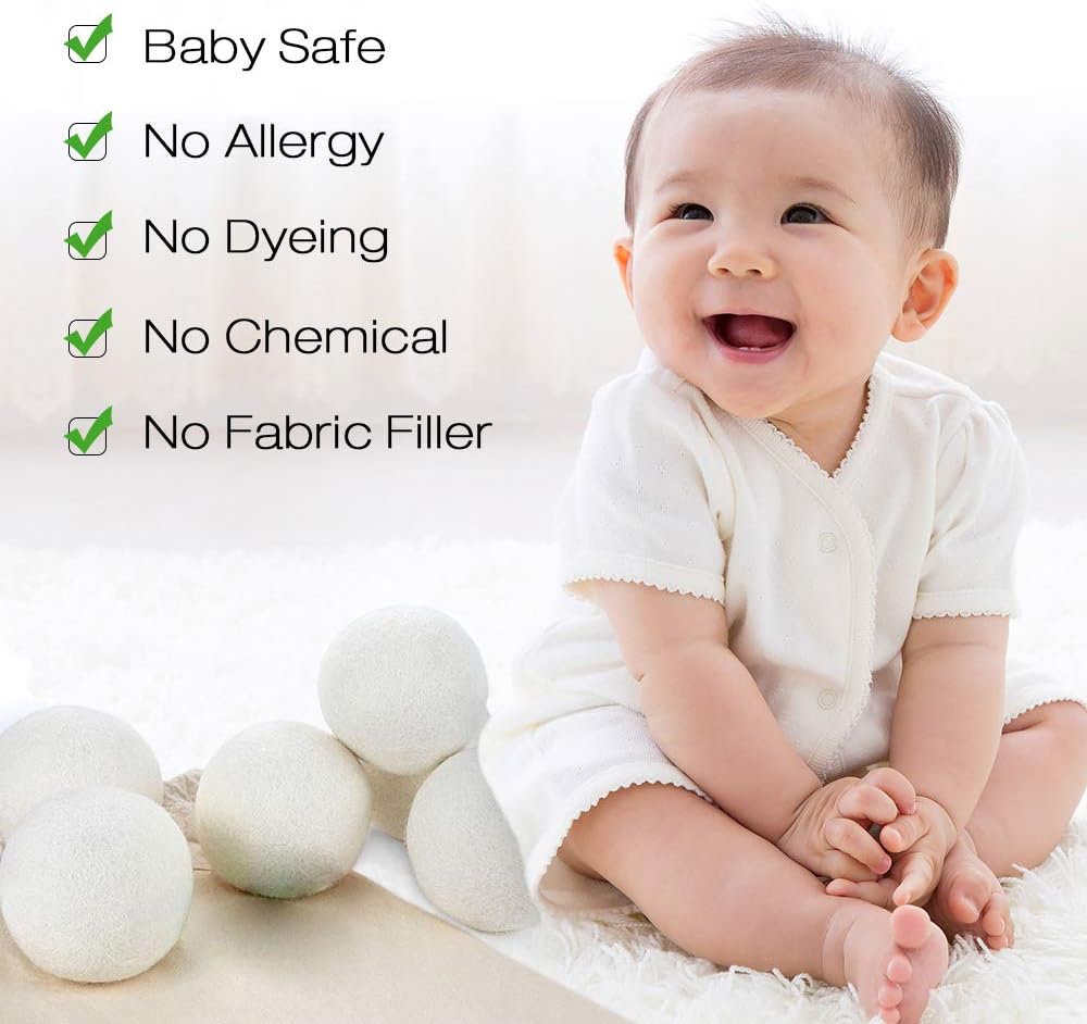 Wool Dryer Balls XL Reusable Natural Fabric Softener, Set of 6 | Wool Ball, Premium Pet Hair Remover for Laundry, Hair Catcher for Washer, Hair Remover Fabric Softener Balls for Dryer, White