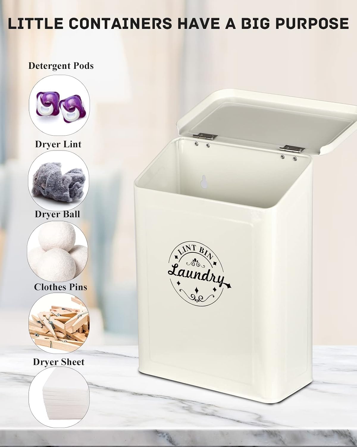 SACREDAY Magnetic Lint Bin for Laundry Room Organization and Storage with Brush, Wall-Mounted Dryer Lint Bin for Room Decor, Space-Saving Trash Can (Cream)