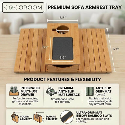 Sofa Arm Tray with Drawer, Bamboo Couch Armrest Table, Natural | Anti-slip phone pad | Wood finish | Hidden storage for remote, glasses, snacks | Fits armchair, recliner, chair, arm rests