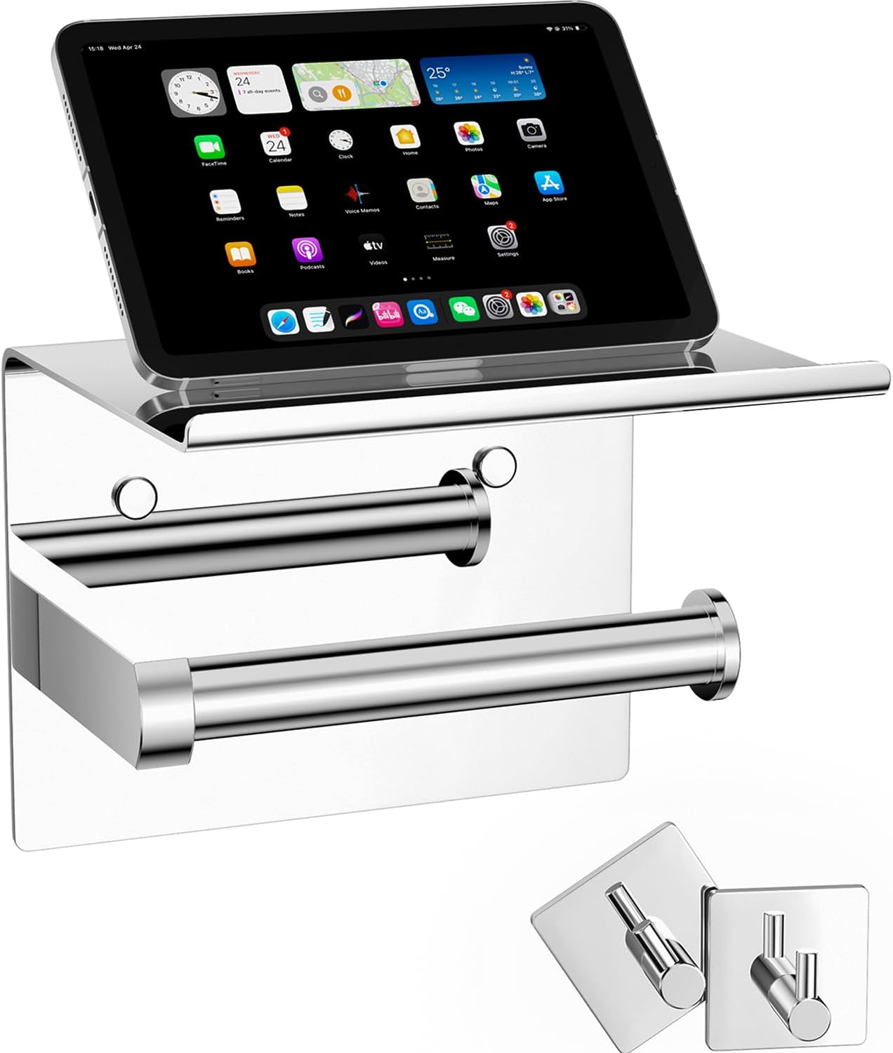 Tindbea Toilet Paper Holder Wall Mount + Towel Robe Hooks, Adhesive or Screw Wall Mounted Toilet Paper Roll Holder with Shelf, Stainless Steel Bathroom Organizers and Storage Kit (Brushed Gold)