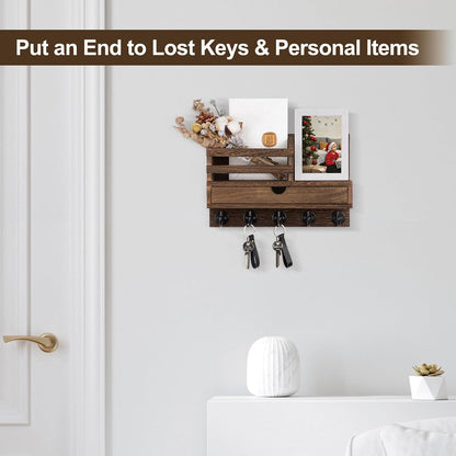 Key Holder Wall Mount, Mail Holder with Storage Drawer | Key and Mail Holder with 5 Key Hooks for Coat, Dog Leash, Home Decor Rack, House Accessories, Entry Way Organizer