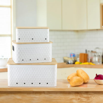 Kitchen Vegetable Storage Set of 3, Metal Onion Garlic Potato Storage Set, Kitchen Canisters Vegetable Keeper Containers with Aerating Holes and Bamboo Lid,Black