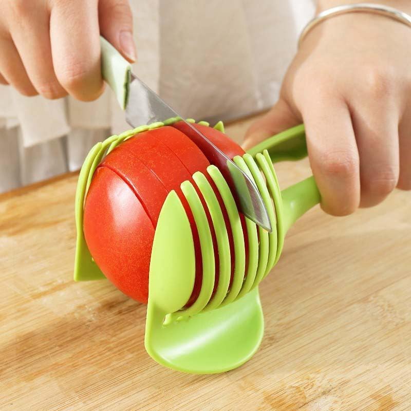 Tomato Slicer Holder, Fruit Cutting Guide Tool, Onion Lemon Potato Slicer, Safe Hand Guard Kitchen Tool with Handle, Even Slice Cutter (Green)