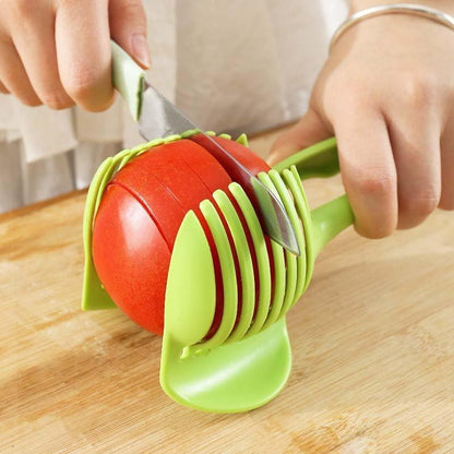 Tomato Slicer Holder, Fruit Cutting Guide Tool, Onion Lemon Potato Slicer, Safe Hand Guard Kitchen Tool with Handle, Even Slice Cutter (Green)