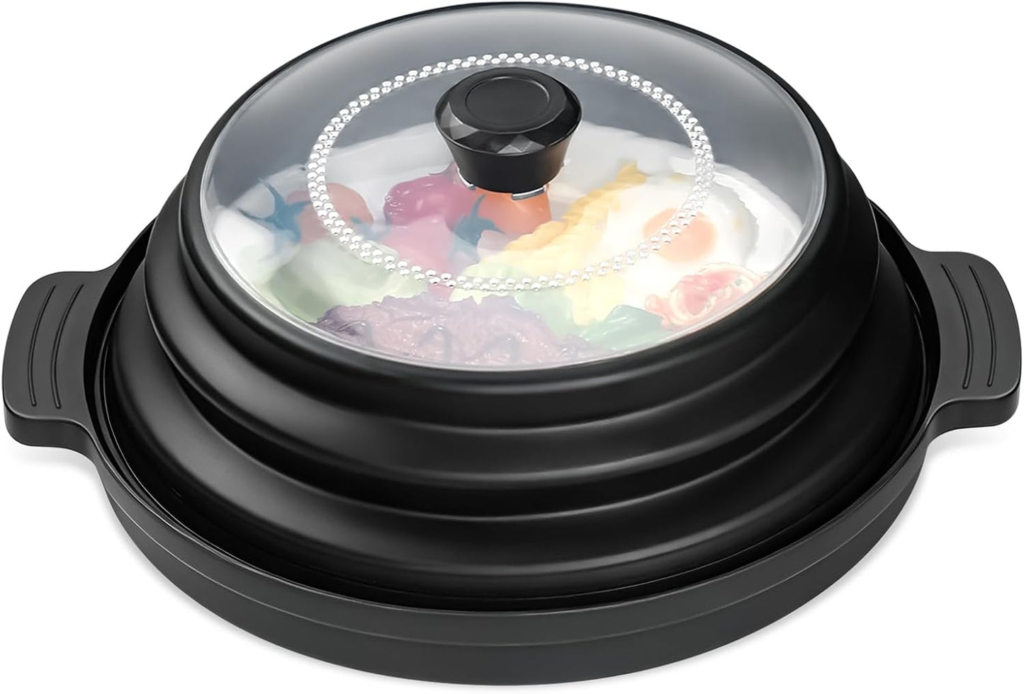 Microwave Splatter Cover for Food with Handle &Heat-Resistant Mat, 10.7" Collapsible Microwave Plate Cover - BPA Free, Dishwasher Safe Food Lid, Multi-Use Colander & Steamer for Meal Prep （Black）