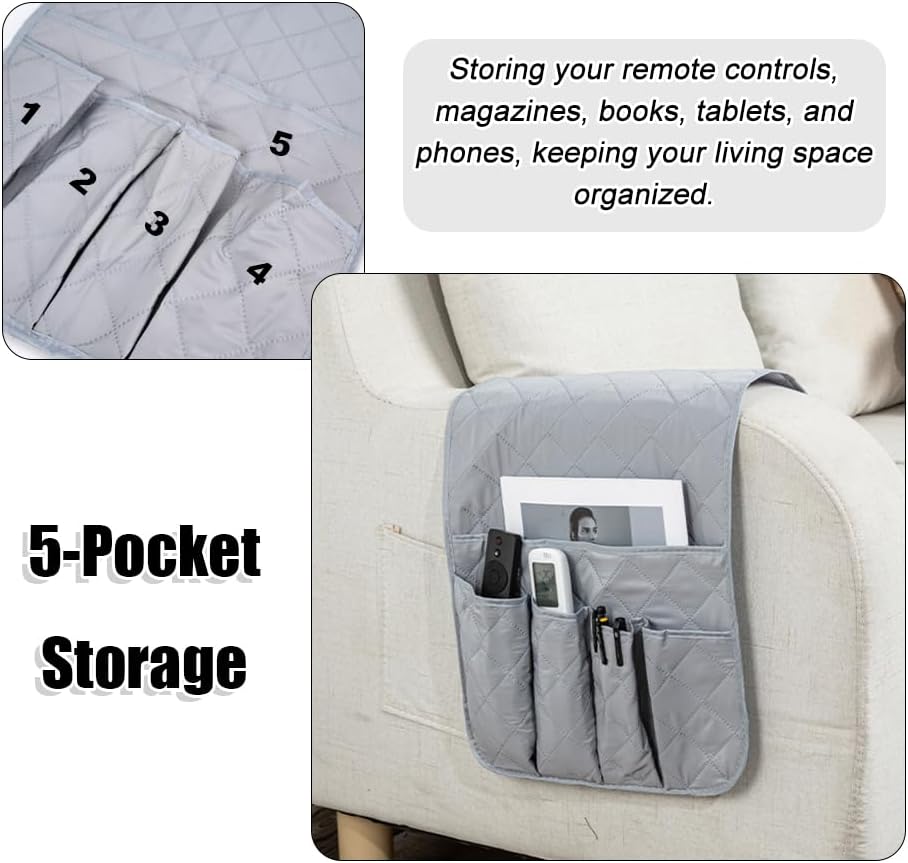 RETON Sofa Armrest Organizer with 5 Pockets, Non Slip Remote Control Caddy with 8 Pieces of Hook and Loop Fasteners, Armchair Caddy Holder Storage for Magazine Recliner Book TV Phone (Black)
