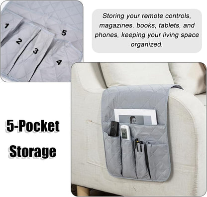 RETON Sofa Armrest Organizer with 5 Pockets, Non Slip Remote Control Caddy with 8 Pieces of Hook and Loop Fasteners, Armchair Caddy Holder Storage for Magazine Recliner Book TV Phone (Black)