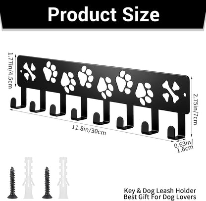 Metal Key Hanger Wall Mount Dog Leash Holder for Wall, Key Rack with 8 Hook | Entryway/Hallway/Kitchen Decor, Self Adhesive Dog Paws Design Walls Organizer with Screw Anchors for Gifts