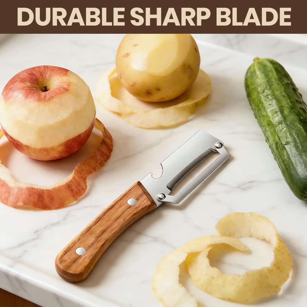 Premium Vegetable Peeler with Wooden Handle and Bottle Opener,Multi-Functional Vegetable Peeler for Kitchen, 2-In-1 Stainless Steel Kitchen Tool, for Fruit Veggie, Includes Bottle Opener (3-In-1 2PCS)